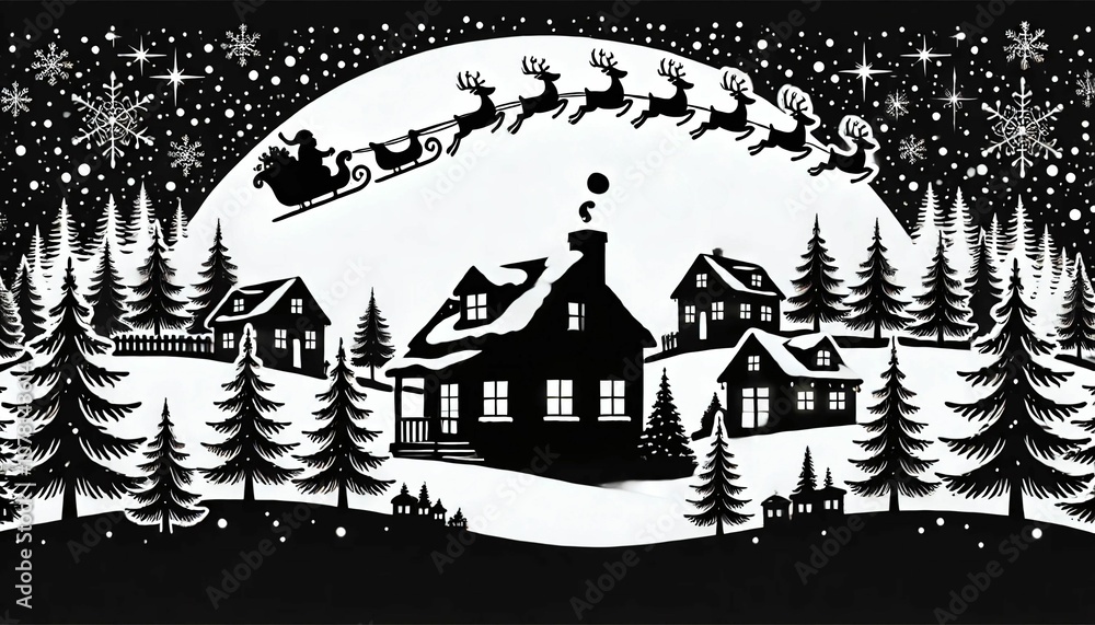 Naklejka premium Santa and his deer are delivering Christmas gifts.