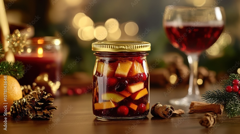 A jar of NewYear jam with golden lid, filled with a mix of quality pic. A jar of NewYear jam with golden lid, filled with a mix of quality pic.