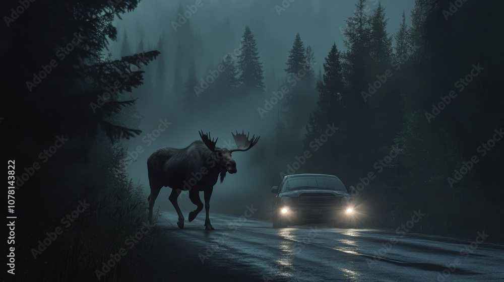 A moose strides across a quiet road at night, its massive quality pic. A moose strides across a quiet road at night, its massive quality pic.