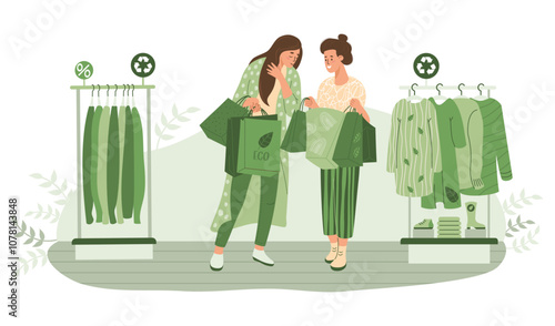 Women shopping. Shopper friends Girl with packages near rack with clothes made from recycled material. Sale clothing in eco-friendly store. Sustainable Fashion. Vector illustration