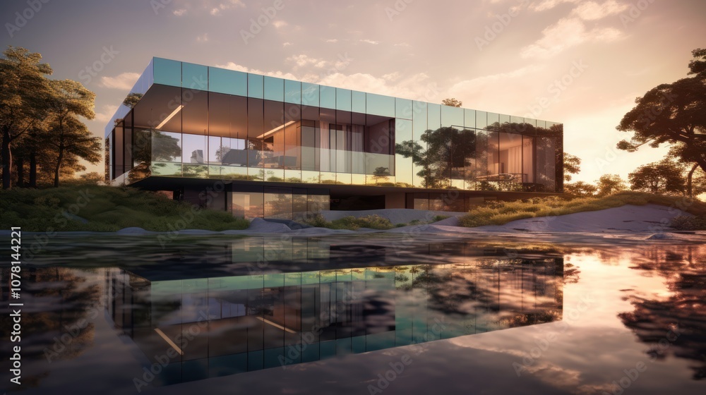 Modern House Reflection in Still Water Modern House Reflection in Still Water