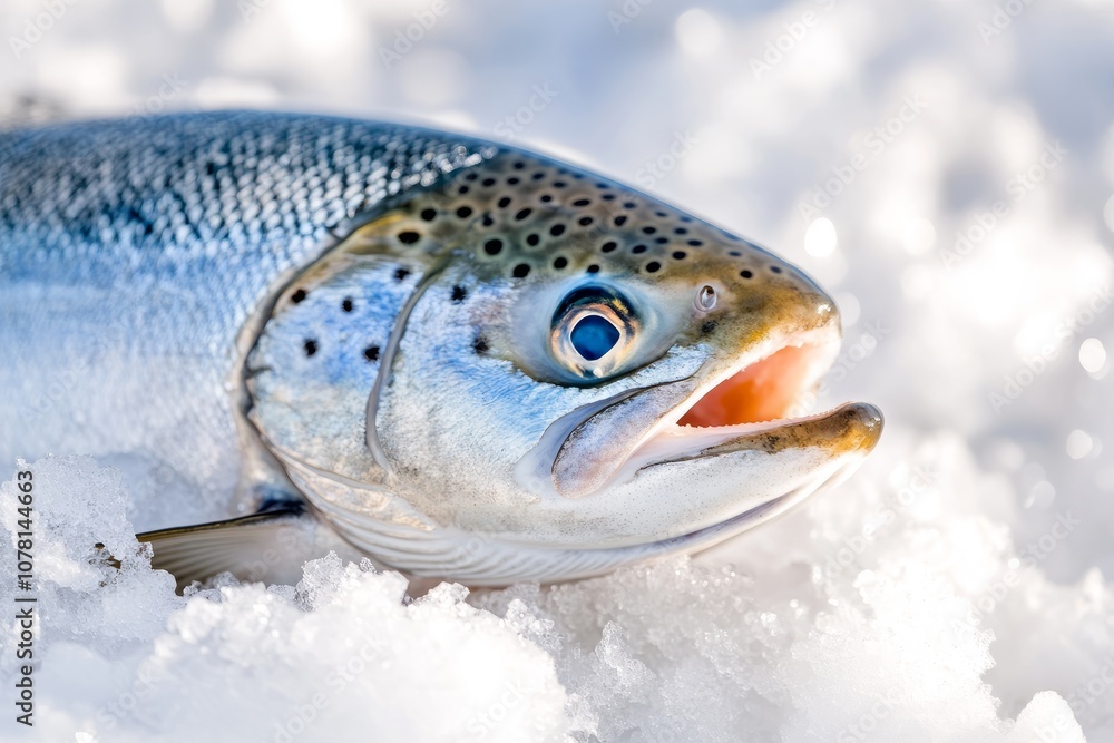 A close-up of a freshly caught fish resting on a bed of crushed ice A close-up of a freshly caught fish resting on a bed of crushed ice