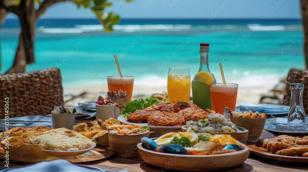 A table full of food and drinks with a beach setting quality pic. A table full of food and drinks with a beach setting quality pic.
