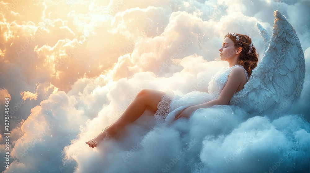 Young girl with angel wings resting on a cloud, eyes closed in peace.