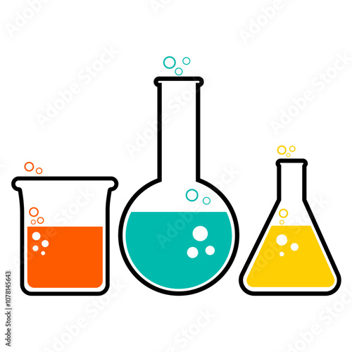 Laboratory beakers and flasks with bubbles. Science technology. Isolated on white background.