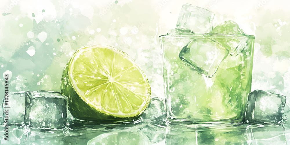 Lime and Basil with Ice Cubes for Refreshing Summer Drink Background Lime and Basil with Ice Cubes for Refreshing Summer Drink Background