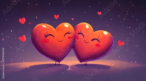 Two Cartoon Hearts in Love. Kiss of the Heart. Happy couple. Illustration of Funny Characters for Valentine's Day