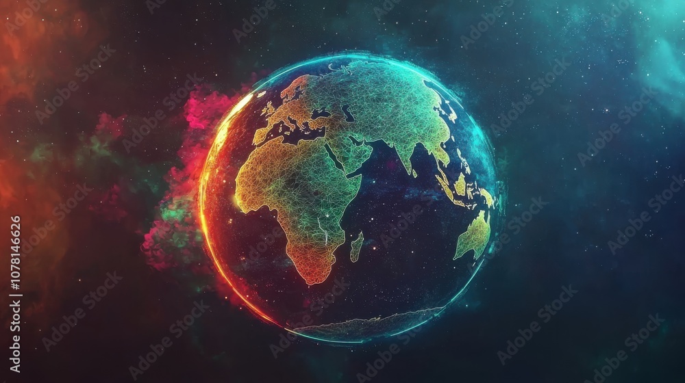 A vibrant digital illustration of Earth surrounded by cosmic colors and effects. A vibrant digital illustration of Earth surrounded by cosmic colors and effects.