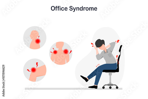 Medical illustration concept. Flat style vector illustration of young man with office syndrome symptoms.
