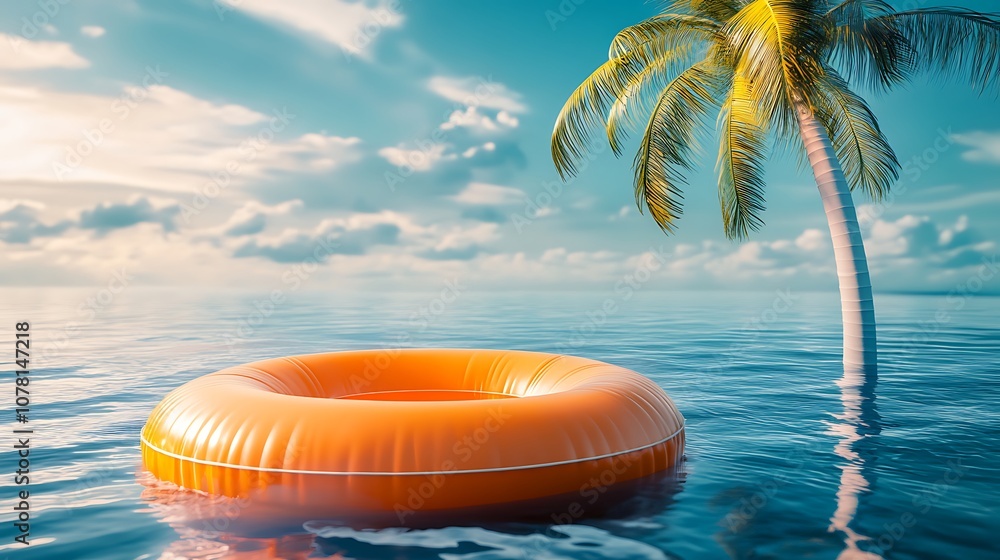 Obraz premium A serene beach scene featuring an orange float in calm waters beside a palm tree under a bright sky.