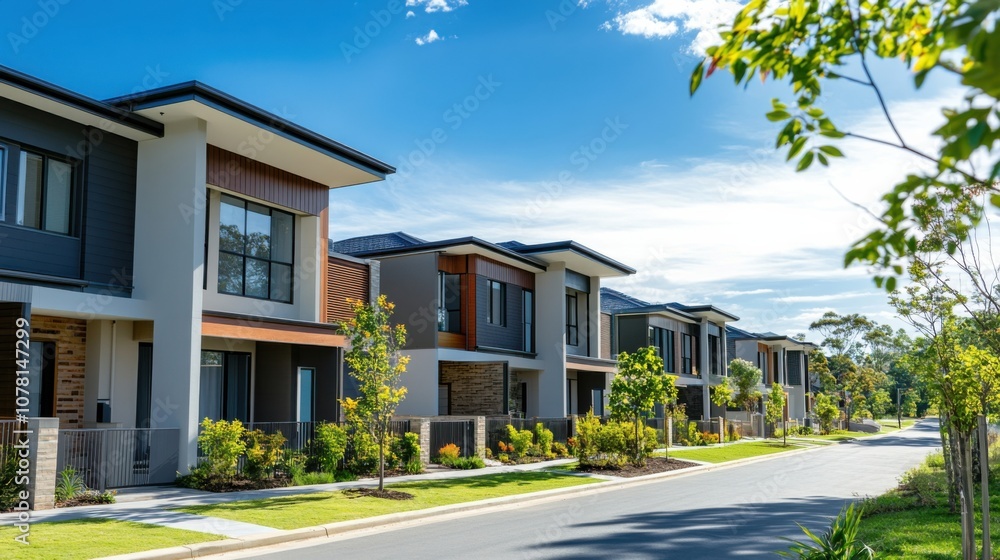 Modern residential townhouses in a suburban area Modern residential townhouses in a suburban area