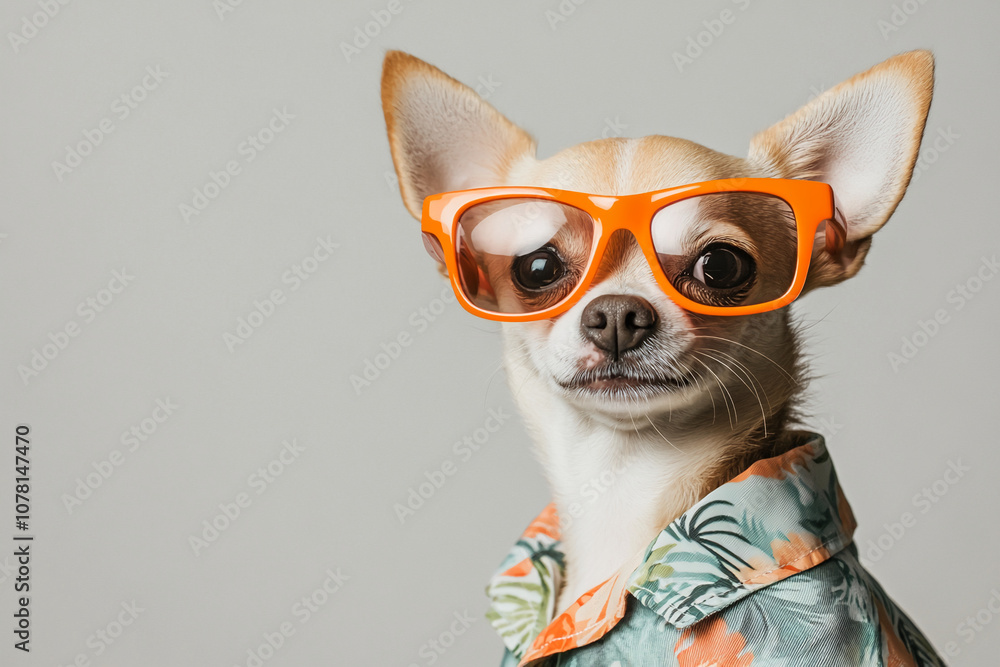 A small, tan and white chihuahua wears orange sunglasses and a tropical print shirt. The dog is looking directly at the camera with a serious expression A small, tan and white chihuahua wears orange sunglasses and a tropical print shirt. The dog is looking directly at the camera with a serious expression