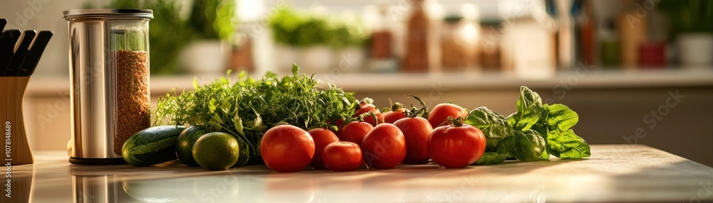 Fresh vegetables and herbs arranged on a kitchen counter for meal preparation. Fresh vegetables and herbs arranged on a kitchen counter for meal preparation.