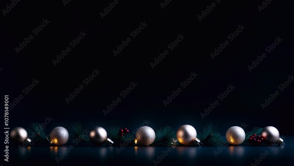 Dark minimalist background with Christmas decorations and text area Dark minimalist background with Christmas decorations and text area