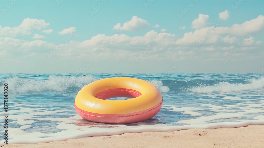 A vibrant inflatable ring rests on a sandy beach with gentle waves and a clear blue sky. A vibrant inflatable ring rests on a sandy beach with gentle waves and a clear blue sky.