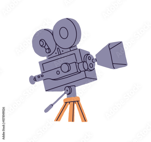 Icon of retro camcorder with tape reels. Video camera on tripod for news broadcast, videography. Equipment of cinematography to film movies. Flat isolated vector illustration on white background