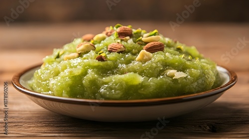 Panjiri or arabic halwa topped with pistachio and walnut served in plate isolated on wooden table side view of arabian dessert food