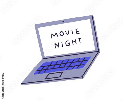 Icon of laptop for watching movie. Open portable computer to watch films. Modern equipment with screen, touchpad, keyboard to have fun at leisure. Flat isolated vector illustration on white background
