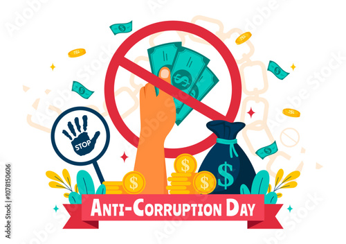 Anti Corruption Day Vector Illustration Featuring a Stop Giving Money Message with Dollar Coins, Prohibition Sign, and Chains in a Flat Background