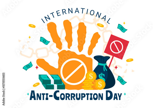 Anti Corruption Day Vector Illustration Featuring a Stop Giving Money Message with Dollar Coins, Prohibition Sign, and Chains in a Flat Background