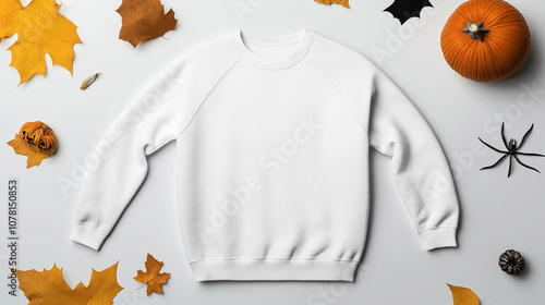 White sweatshirt flat lay with autumn theme featuring pumpkins, orange leaves, fake spider, and squirrel tail on a light background. photo