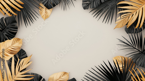 An abstract frame of black and gold palm leaves and tropical leaves, harmonizing with nature in a junglepunk. Chiaroscuro. Illustration photo