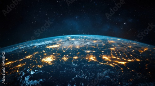 A view of Earth from space, showcasing illuminated cities at night.