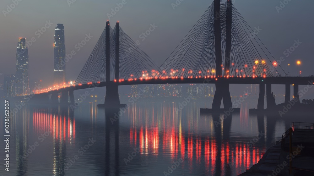 Fototapeta premium Foggy Night View of Suspension Bridge and City Lights