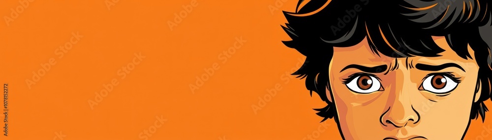 A concerned young character with expressive eyes against a vibrant orange background. A concerned young character with expressive eyes against a vibrant orange background.