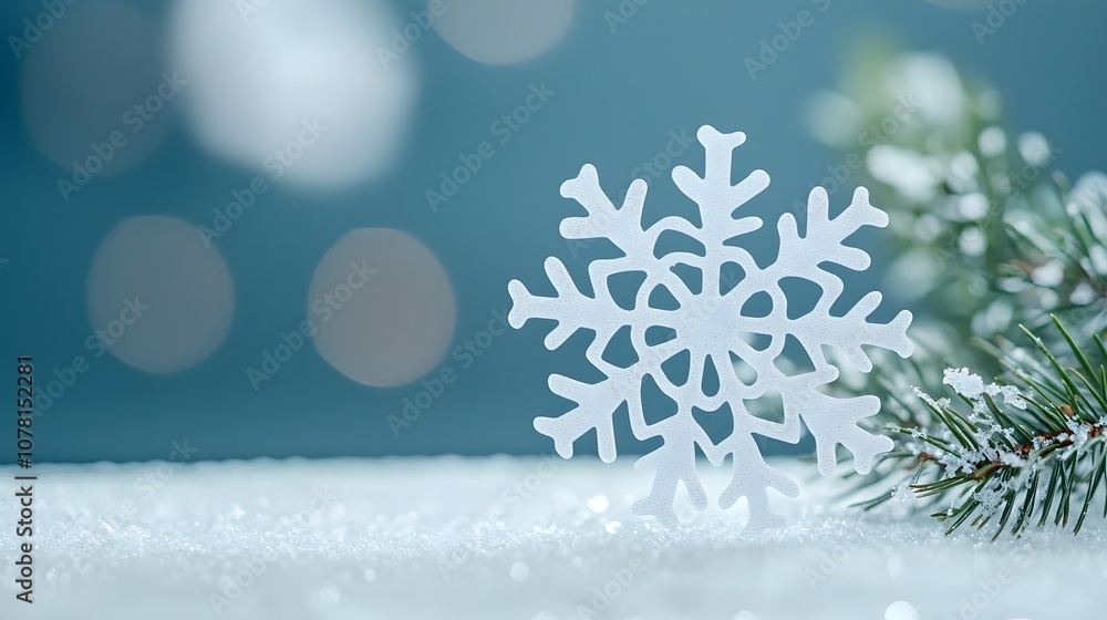 Minimalist White Snowflake Sticker on a Winter Background Minimalist White Snowflake Sticker on a Winter Background
