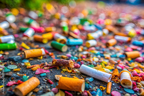 A vibrant scene of colorful remnants scattered on the ground, showcasing a mix of candy wrappers and vibrant debris. photo