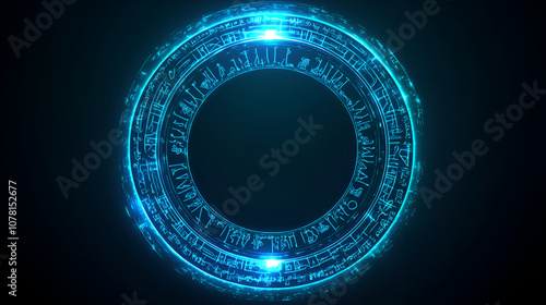 Blue magic runes in a circle. spell effect with ancient fantasy writing. glowing magical neon ring. Sorcerer's Spell. Illustration