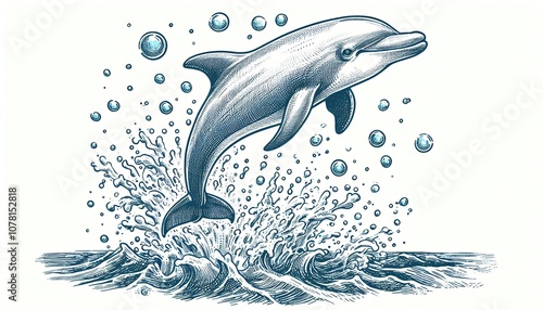 Wallpaper Mural A hand-drawn illustration of a dolphin leaping out of the water with bubbles Torontodigital.ca