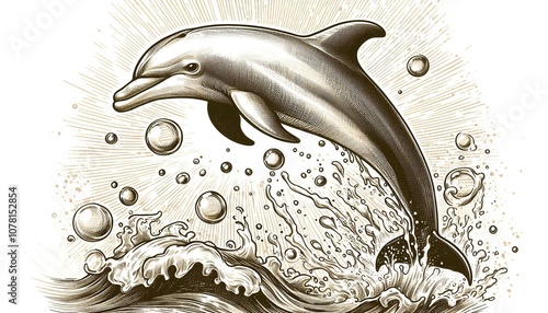 Wallpaper Mural A hand-drawn illustration of a dolphin leaping out of the water with bubbles Torontodigital.ca