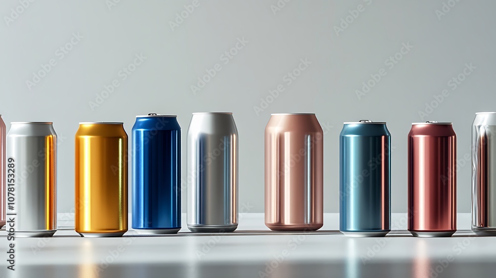 A collection of colorful beverage cans arranged on a surface. A collection of colorful beverage cans arranged on a surface.