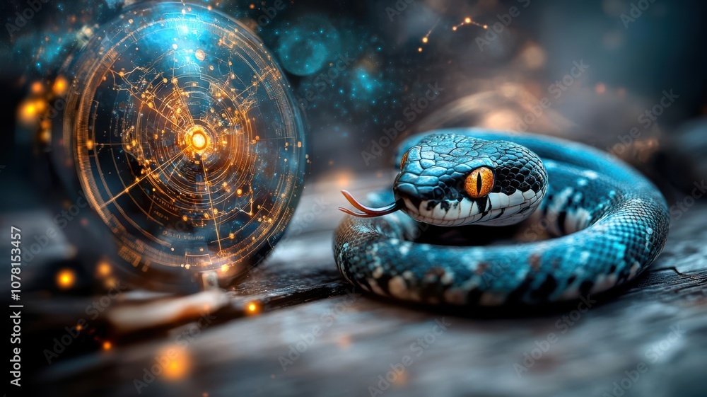 Fototapeta premium Ethereal snake image with celestial patterns and lunar phases, cultural symbols of intuition and guidance