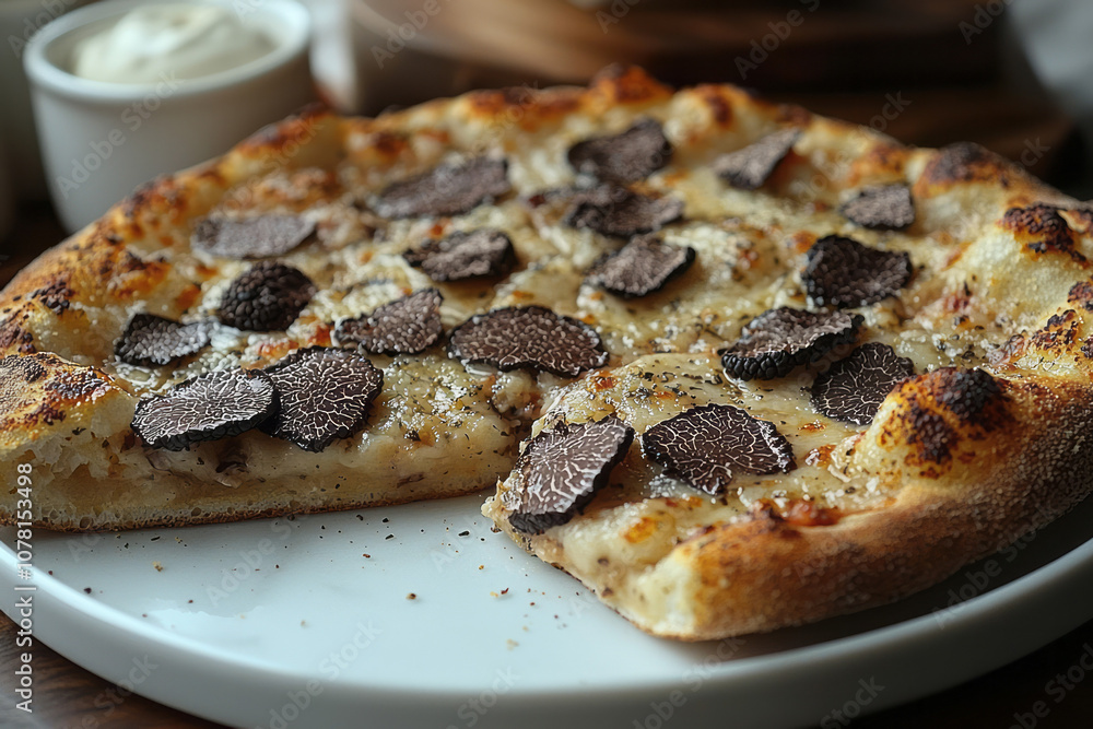 Minimalist close-up of a truffle pizza slice on a plain white plate, capturing the earthy elegance of truffles in a simple presentation,