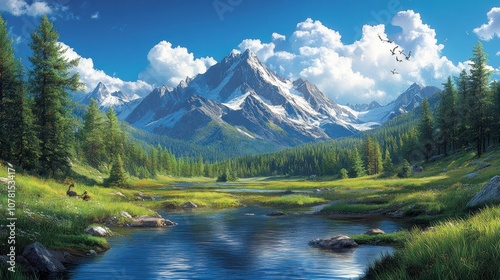 Serene mountain landscape with a river and lush greenery.