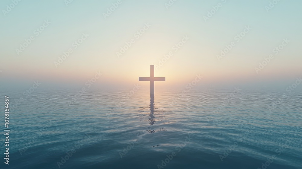 Cross in sunrise glow over a calm sea, ample room for serene and hopeful text Cross in sunrise glow over a calm sea, ample room for serene and hopeful text