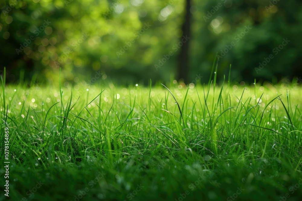 Naklejka premium Green background with grass texture in natural park setting.