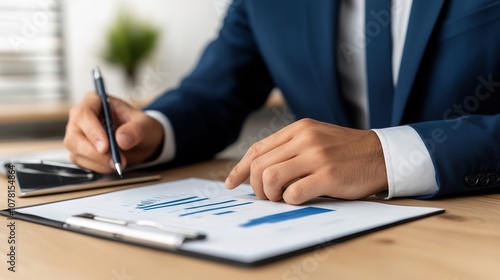 Business Professional Analyzing Financial Data on Report with Graphs and Charts in Modern Office Setting Free from Distractions