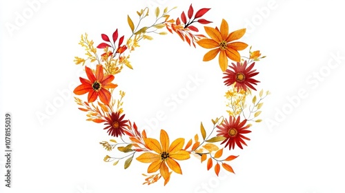 Watercolor Wreath of Autumn Flowers and Leaves