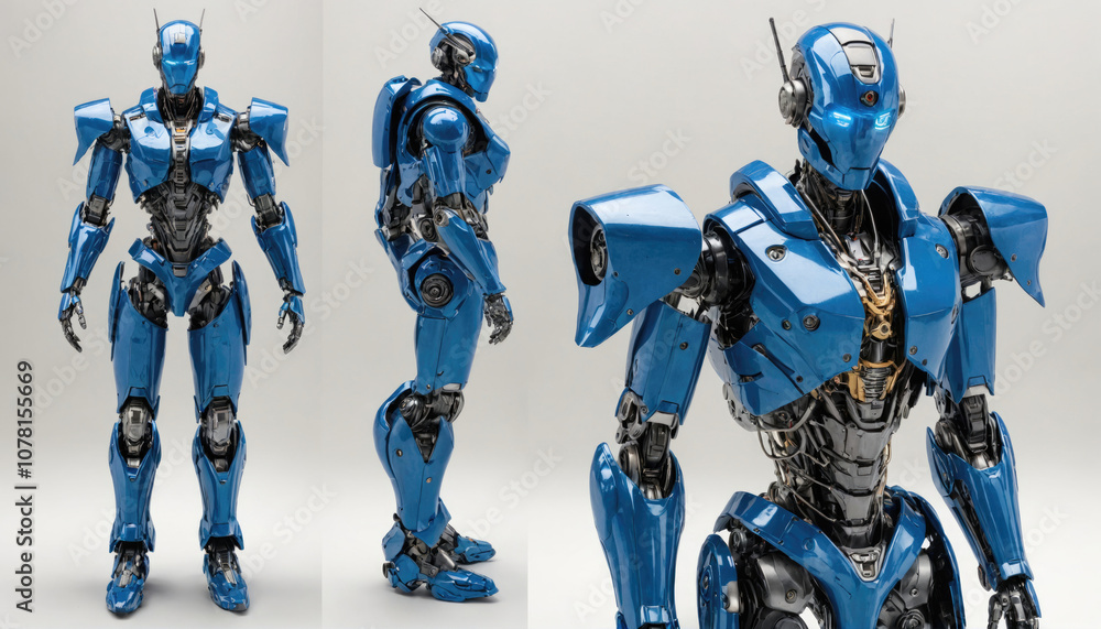 A blue humanoid robot stands against a white background, showcasing its detailed design and intricate mechanics A blue humanoid robot stands against a white background, showcasing its detailed design and intricate mechanics
