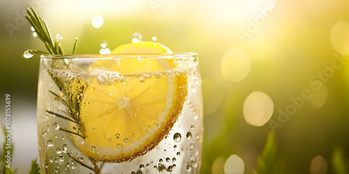 Citrus Mint Sparkling Drink with Ice and Sunlight for Fresh Summer Refreshment photo