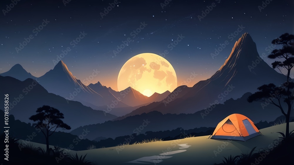 illustration of a mountain with shining stars at night with a view of a camping tent illustration of a mountain with shining stars at night with a view of a camping tent