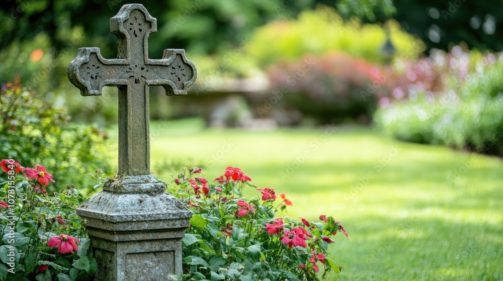 Cross in the foreground of a beautiful garden, with space for messages about growth Cross in the foreground of a beautiful garden, with space for messages about growth