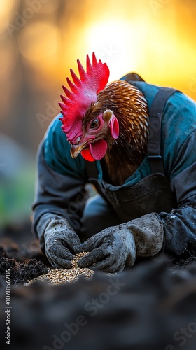 A close-up of a farmer planting seeds in the soil, with a chicken peeking over their shoulder. photo