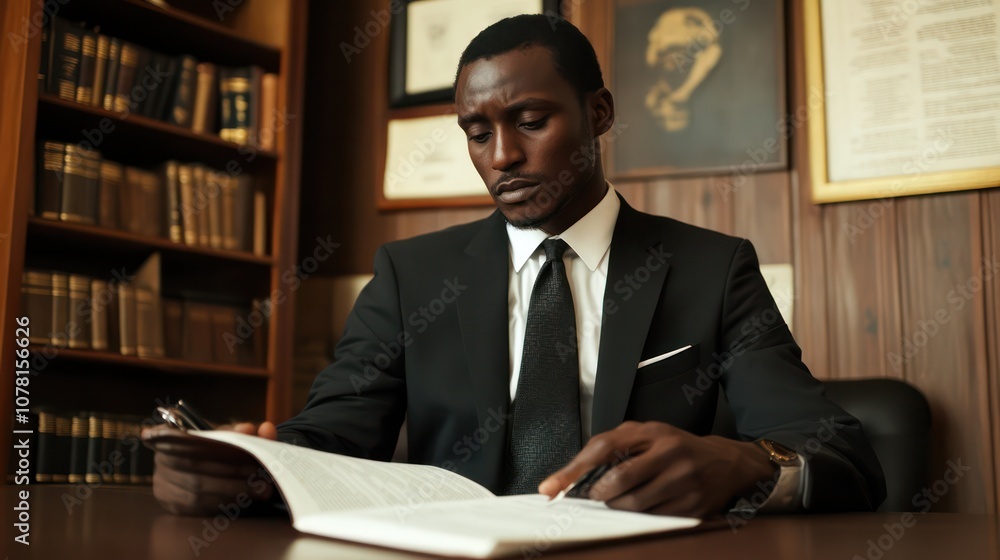 Criminal defense attorney in Africa. focused on case files with attentive client. professional decor. Criminal defense attorney in Africa. focused on case files with attentive client. professional decor.