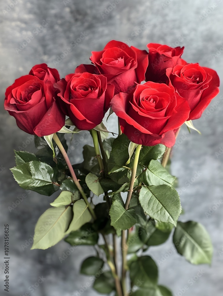 Naklejka premium Bouquet of seven red roses with green leaves against a gray background.