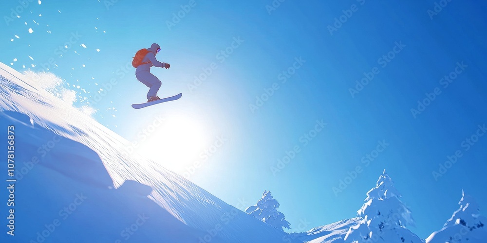 A snowboarder leaps high in the air, the bright blue sky stretching out behind them. A snowboarder leaps high in the air, the bright blue sky stretching out behind them.